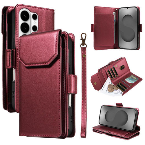 Samsung Galaxy S26 Ultra 5G Multi Card Wallet Leather Phone Case with Strap - Red