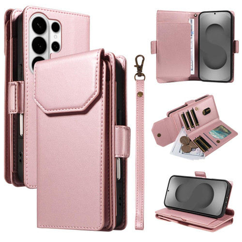 Samsung Galaxy S26 Ultra 5G Multi Card Wallet Leather Phone Case with Strap - Rose Gold