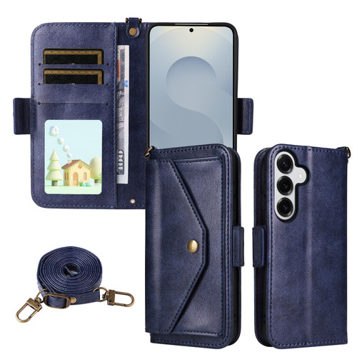 Samsung Galaxy S26 Ultra 5G Multi-card Slots Crossbody Cowhide Leather Phone Case - Blue