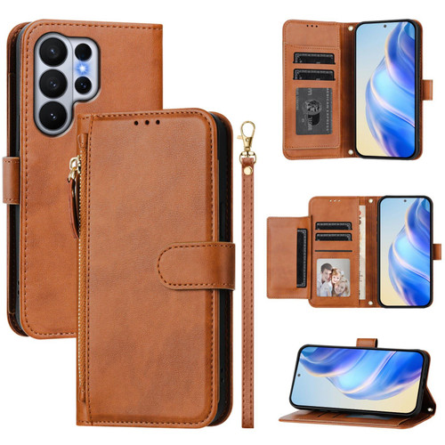 Samsung Galaxy S26 Ultra 5G Multi-Card Slots Zipper Wallet Leather Phone Case - Brown
