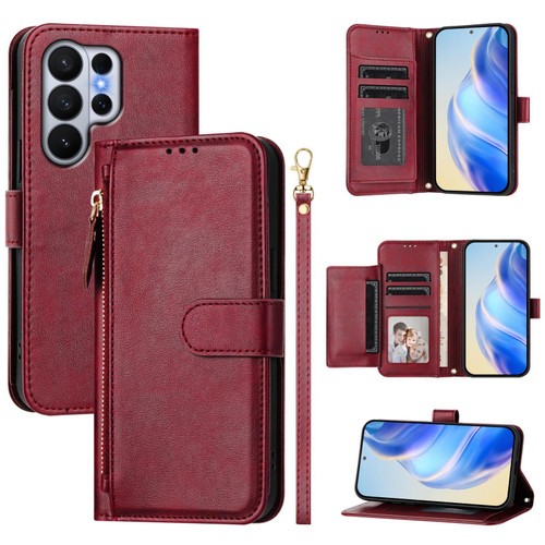 Samsung Galaxy S26 Ultra 5G Multi-Card Slots Zipper Wallet Leather Phone Case - Dark Red