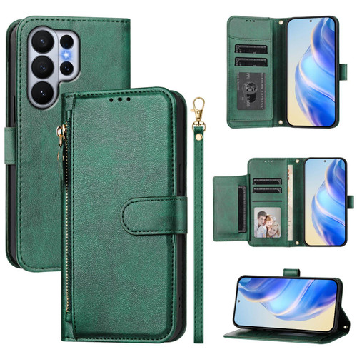 Samsung Galaxy S26 Ultra 5G Multi-Card Slots Zipper Wallet Leather Phone Case - Green