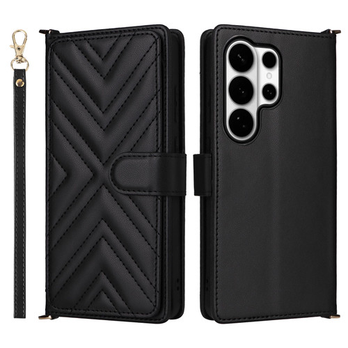 Samsung Galaxy S26 Ultra 5G Multifunctional 6-Card Slots Leather Phone Case with Wrist Strap - Black