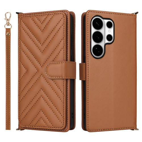 Samsung Galaxy S26 Ultra 5G Multifunctional 6-Card Slots Leather Phone Case with Wrist Strap - Brown