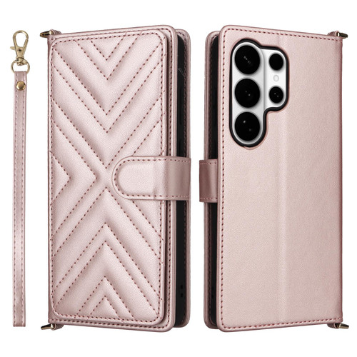 Samsung Galaxy S26 Ultra 5G Multifunctional 6-Card Slots Leather Phone Case with Wrist Strap - Pink