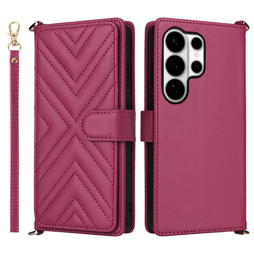 Samsung Galaxy S26 Ultra 5G Multifunctional 6-Card Slots Leather Phone Case with Wrist Strap - Rose Red