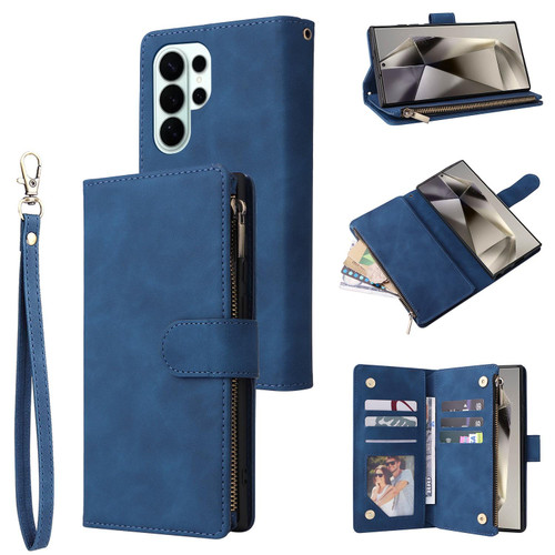 Samsung Galaxy S26 Ultra 5G Multifunctional Frosted Zipper Wallet Leather Phone Case - Blue
