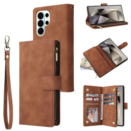 Samsung Galaxy S26 Ultra 5G Multifunctional Frosted Zipper Wallet Leather Phone Case - Brown