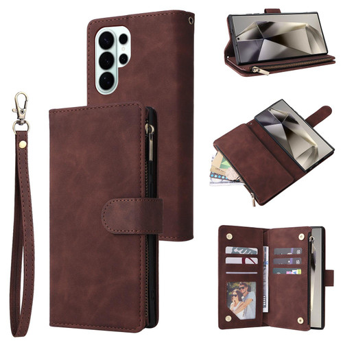 Samsung Galaxy S26 Ultra 5G Multifunctional Frosted Zipper Wallet Leather Phone Case - Coffee