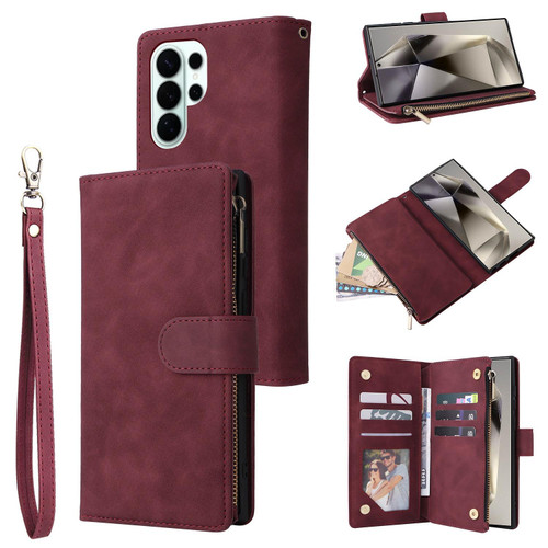 Samsung Galaxy S26 Ultra 5G Multifunctional Frosted Zipper Wallet Leather Phone Case - Wine Red