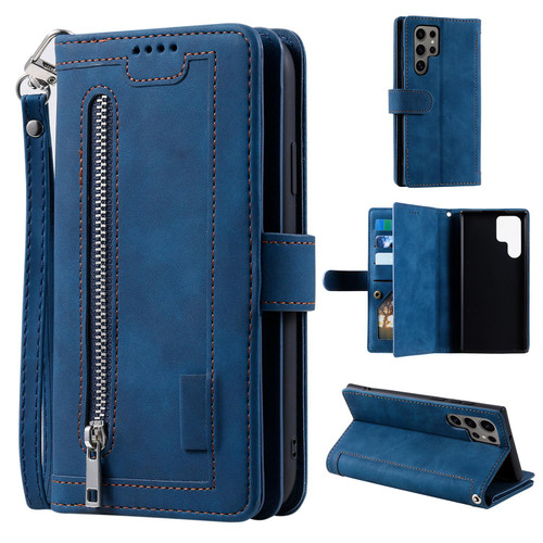 Samsung Galaxy S26 Ultra 5G Nine Card Zipper Bag Leather Phone Case with Lanyard - Blue