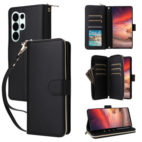 Samsung Galaxy S26 Ultra 5G Nine-card Slots Zipper Wallet Bag Leather Phone Case - Black