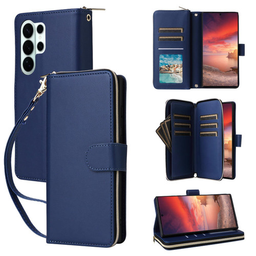 Samsung Galaxy S26 Ultra 5G Nine-card Slots Zipper Wallet Bag Leather Phone Case - Blue