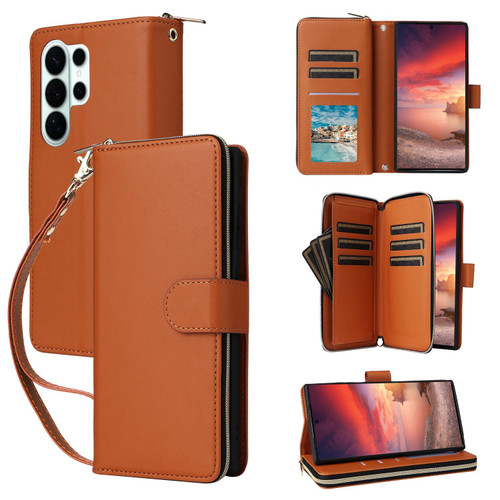 Samsung Galaxy S26 Ultra 5G Nine-card Slots Zipper Wallet Bag Leather Phone Case - Brown
