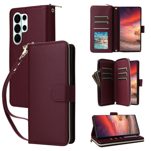 Samsung Galaxy S26 Ultra 5G Nine-card Slots Zipper Wallet Bag Leather Phone Case - Wine Red