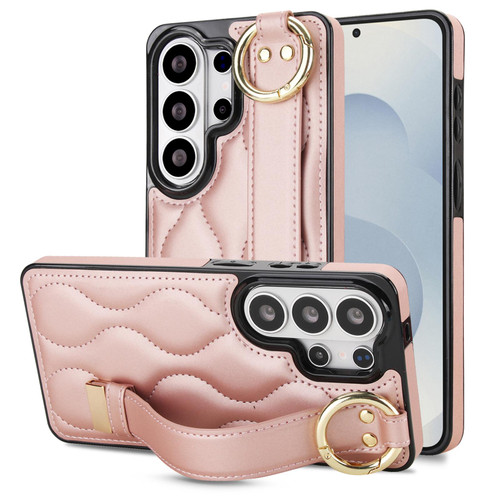 Samsung Galaxy S26 Ultra 5G Non-slip Full Coverage Ring PU Phone Case with Wristband - Rose Gold