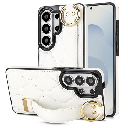 Samsung Galaxy S26 Ultra 5G Non-slip Full Coverage Ring PU Phone Case with Wristband - White