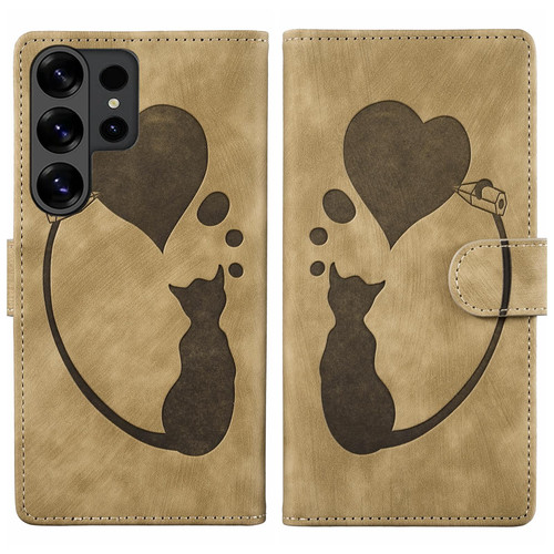 Samsung Galaxy S26 Ultra 5G Pen Heart Cat Embossed Leather Phone Case - Apricot