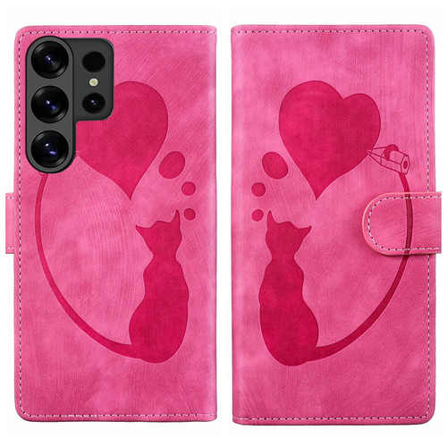 Samsung Galaxy S26 Ultra 5G Pen Heart Cat Embossed Leather Phone Case - Pink