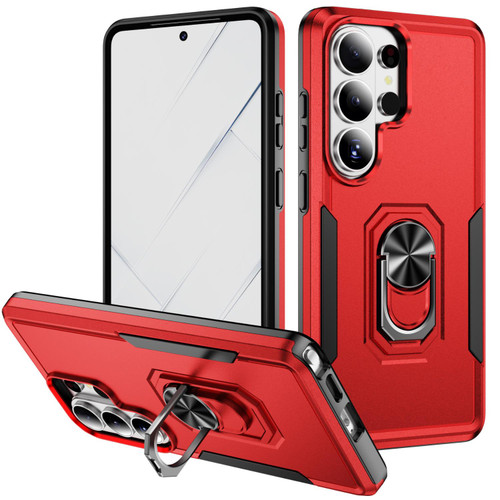 Samsung Galaxy S26 Ultra 5G Pioneer Armor Heavy Duty PC Hybrid TPU Phone Case with Holder - Red+Black