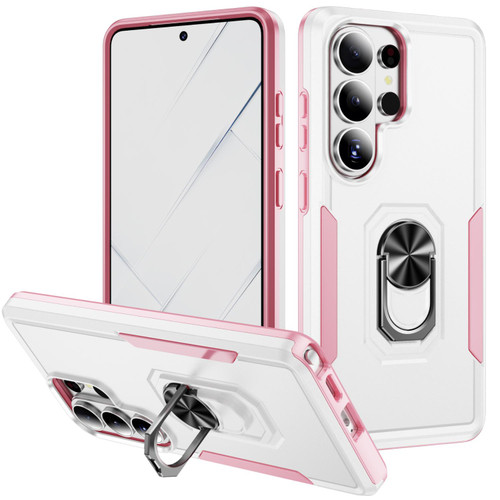 Samsung Galaxy S26 Ultra 5G Pioneer Armor Heavy Duty PC Hybrid TPU Phone Case with Holder - White+Pink