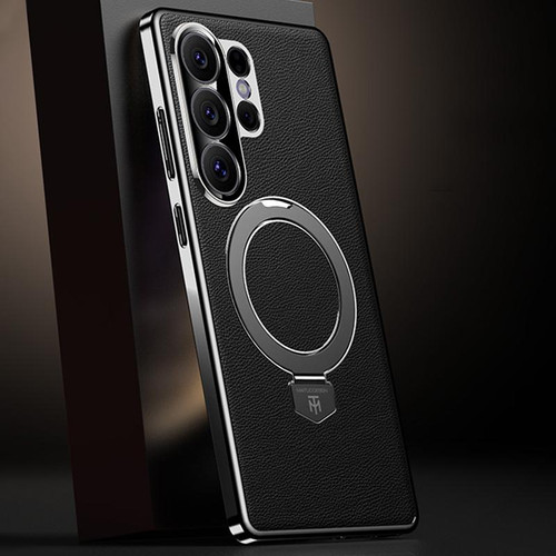 Samsung Galaxy S26 Ultra 5G Plain Leather MagSafe Holder Phone Case - Black