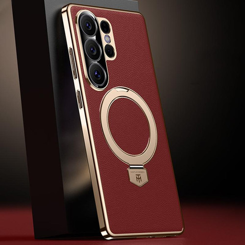 Samsung Galaxy S26 Ultra 5G Plain Leather MagSafe Holder Phone Case - Red