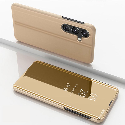 Samsung Galaxy S26 Ultra 5G Plated Mirror Horizontal Flip Leather Phone Case with Holder - Gold