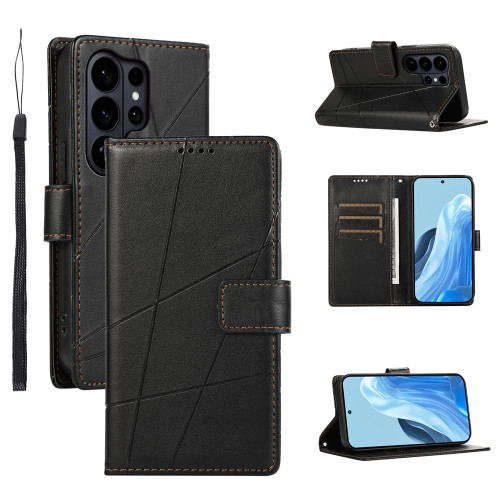 Samsung Galaxy S26 Ultra 5G PU Genuine Leather Texture Embossed Line Phone Case - Black