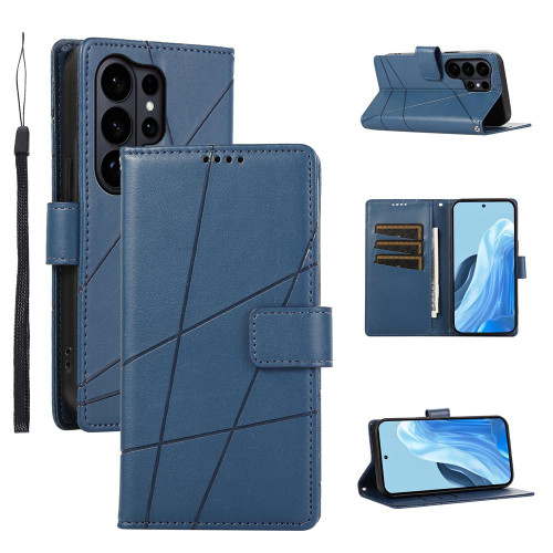 Samsung Galaxy S26 Ultra 5G PU Genuine Leather Texture Embossed Line Phone Case - Blue
