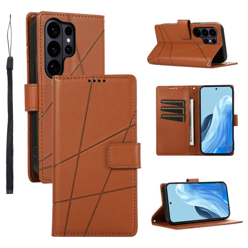 Samsung Galaxy S26 Ultra 5G PU Genuine Leather Texture Embossed Line Phone Case - Brown