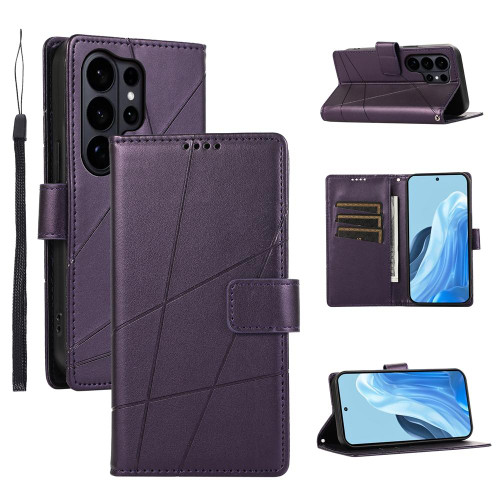 Samsung Galaxy S26 Ultra 5G PU Genuine Leather Texture Embossed Line Phone Case - Purple