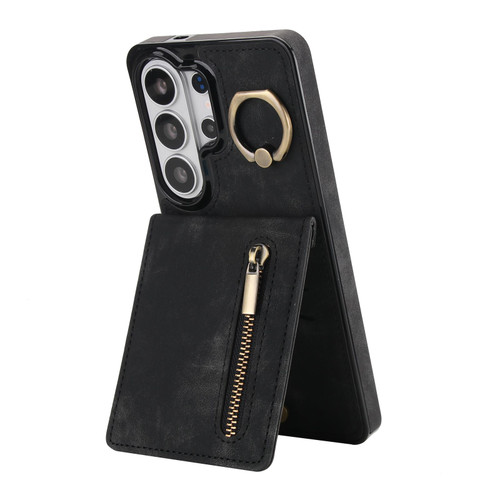 Samsung Galaxy S26 Ultra 5G Retro Ring and Zipper RFID Card Slot Phone Case - Black