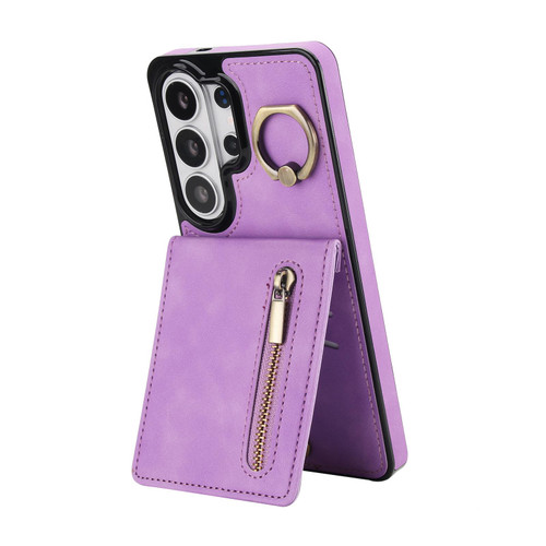 Samsung Galaxy S26 Ultra 5G Retro Ring and Zipper RFID Card Slot Phone Case - Purple