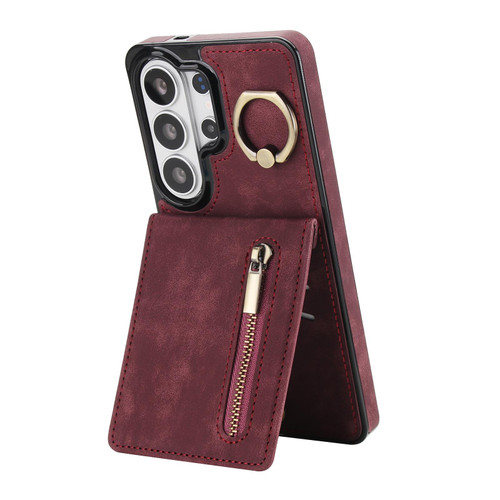 Samsung Galaxy S26 Ultra 5G Retro Ring and Zipper RFID Card Slot Phone Case - Wine Red