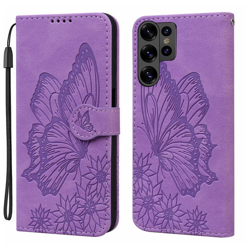 Samsung Galaxy S26 Ultra 5G Retro Skin Feel Butterflies Embossing Horizontal Flip Leather Phone Case - Purple