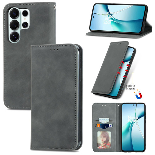 Samsung Galaxy S26 Ultra 5G Retro Skin Feel Magnetic Leather Phone Case - Gray