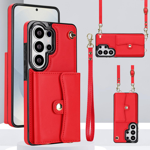 Samsung Galaxy S26 Ultra 5G RFID Card Slot Phone Case with Long Lanyard - Red