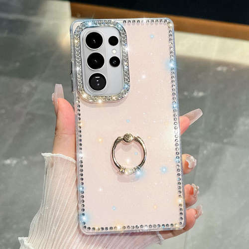 Samsung Galaxy S26 Ultra 5G Rhinestone Glitter TPU Ring Holder Anti-fall Phone Case - Light Pink