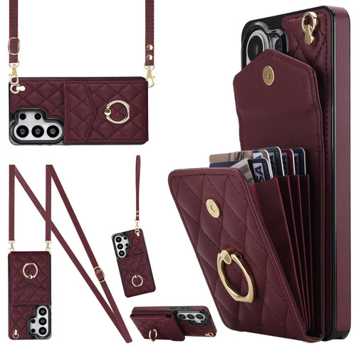 Samsung Galaxy S26 Ultra 5G Rhombic Texture Card Bag Phone Case with Long Lanyard - Wine Red