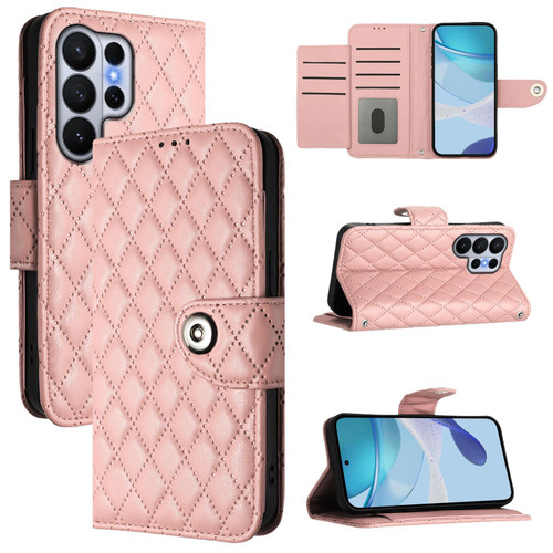 Samsung Galaxy S26 Ultra 5G Rhombic Texture Flip Leather Phone Case with Lanyard - Coral Pink