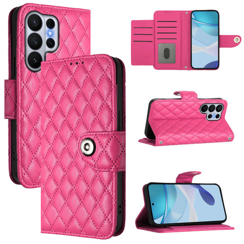 Samsung Galaxy S26 Ultra 5G Rhombic Texture Flip Leather Phone Case with Lanyard - Rose Red