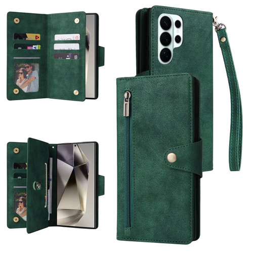 Samsung Galaxy S26 Ultra 5G Rivet Buckle 9 Cards Three Fold Leather Phone Case - Green