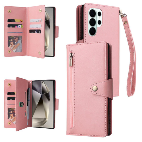 Samsung Galaxy S26 Ultra 5G Rivet Buckle 9 Cards Three Fold Leather Phone Case - Rose Gold