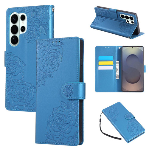 Samsung Galaxy S26 Ultra 5G Rose Flower Embossed 3-Card Slots Leather Phone Case - Blue