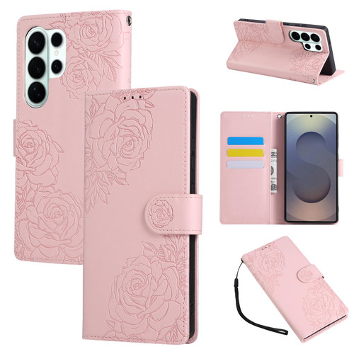 Samsung Galaxy S26 Ultra 5G Rose Flower Embossed 3-Card Slots Leather Phone Case - Pink