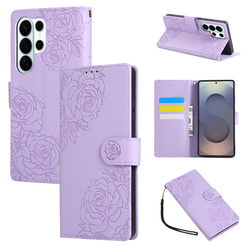 Samsung Galaxy S26 Ultra 5G Rose Flower Embossed 3-Card Slots Leather Phone Case - Purple