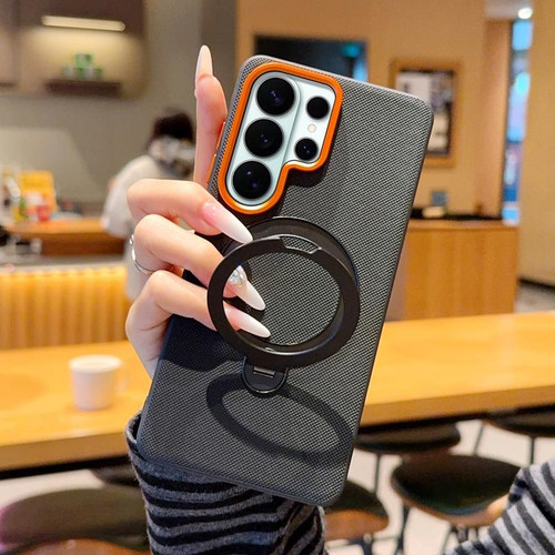 Samsung Galaxy S26 Ultra 5G Rotating Holder PC + TPU Vegan Leather Magnetic Phone Case - Black