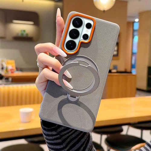 Samsung Galaxy S26 Ultra 5G Rotating Holder PC + TPU Vegan Leather Magnetic Phone Case - Gray