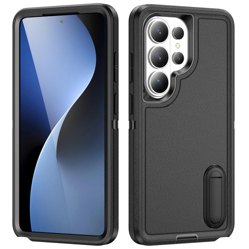Samsung Galaxy S26 Ultra 5G Rugged PC Hybrid Silicone Phone Case with Holder - Black